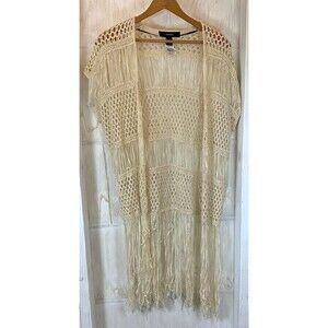 Forever 21 Knit Crochet Vest Retro Fringed Sz Small Creamy Beige Boho Festival